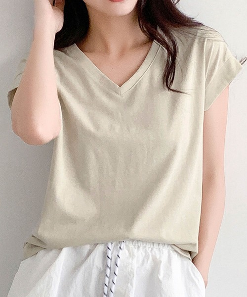 LOWO(ロワ)の「抜群の伸縮性!Vネックフレンチスリーブカットソー(Tシャツ/カットソー・レディース・ホワイト/モカ/ベージュ/グレー/ブラック・FREE)」の15枚目の写真