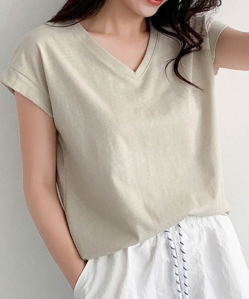 LOWO(ロワ)の「抜群の伸縮性!Vネックフレンチスリーブカットソー(Tシャツ/カットソー・レディース・ホワイト/モカ/ベージュ/グレー/ブラック・FREE)」の16枚目の写真