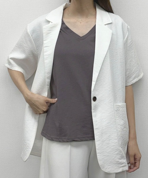 LOWO(ロワ)の「抜群の伸縮性!Vネックフレンチスリーブカットソー(Tシャツ/カットソー・レディース・ホワイト/モカ/ベージュ/グレー/ブラック・FREE)」の22枚目の写真
