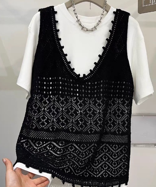 LUCPY(ラクピー)の「クロシェビスチェ×ベーシックTシャツセット(Tシャツ/カットソー・レディース・ブラック×ホワイト/ホワイト/ブラック・FREE)」の3枚目の写真