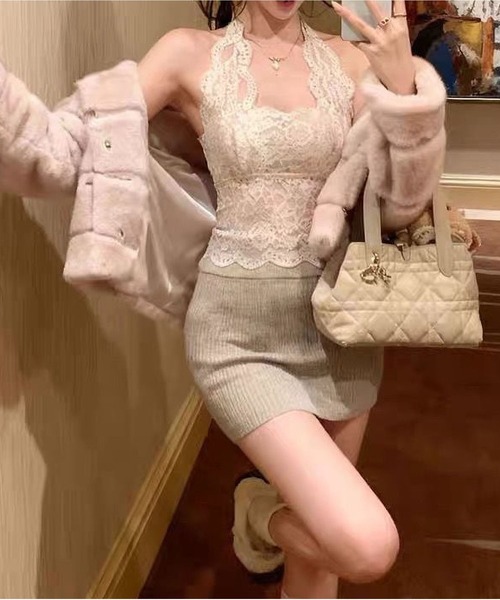 MAISON DE THERESE(メゾン ド テレーズ)の「3 色展開 レース ハルターネック ブラトップ キャミソール 着痩せ インナー(キャミソール・レディース・ホワイト/ライトピンク/ブラック・FREE)」の10枚目の写真