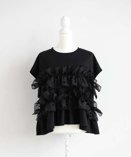 M y u（ミュー）の「フラワーブーケドットTシャツ（Tシャツ/カットソー・レディース・ブラック×ブラック/ホワイト×ブラック/ホワイト×ホワイト・ML）」の8枚目の写真