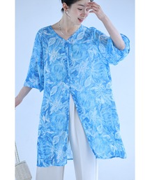 フロントスリットのボタニカル柄シフォンチュニック