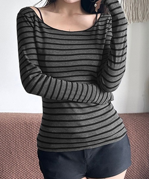 boemy(ボエミー)の「ボートネック ボーダー ロングTシャツ(Tシャツ/カットソー・レディース・グレー/ブラック・FREE)」の1枚目の写真