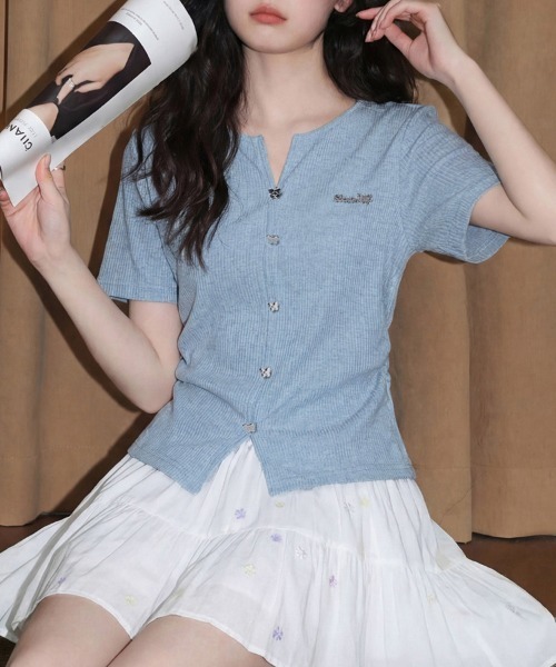 ONEP STAR(ワンピスター)の「キーネックボタンデザインリブ半袖カットソー(Tシャツ/カットソー・レディース・ブルー・MEDIUM/LARGE/X-LARGE)」の5枚目の写真