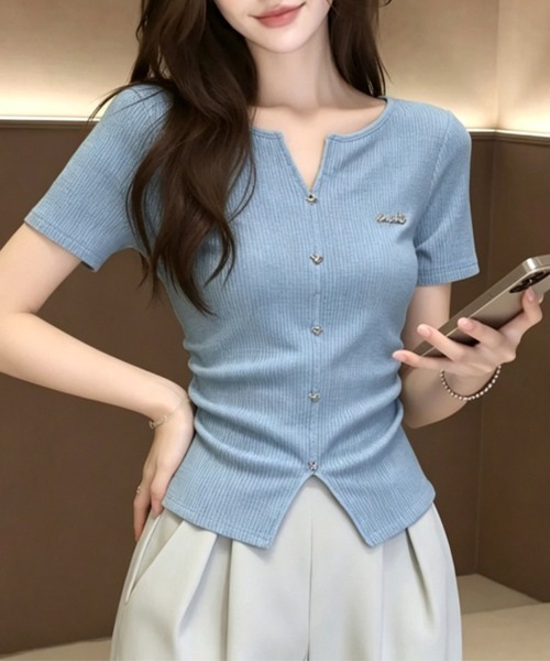 ONEP STAR(ワンピスター)の「キーネックボタンデザインリブ半袖カットソー(Tシャツ/カットソー・レディース・ブルー・MEDIUM/LARGE/X-LARGE)」の8枚目の写真