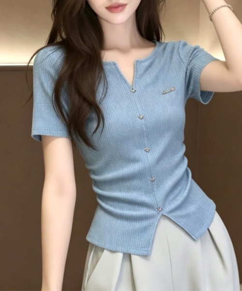 ONEP STAR(ワンピスター)の「キーネックボタンデザインリブ半袖カットソー(Tシャツ/カットソー・レディース・ブルー・MEDIUM/LARGE/X-LARGE)」の9枚目の写真