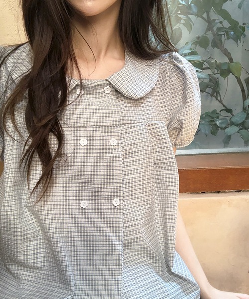 Girly Doll(ガーリードール)の「ダブルボタンチェック柄パフスリブラウス(シャツ/ブラウス・レディース・ホワイト/ネイビー・FREE)」の7枚目の写真