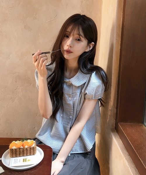 Girly Doll(ガーリードール)の「ダブルボタンチェック柄パフスリブラウス(シャツ/ブラウス・レディース・ホワイト/ネイビー・FREE)」の8枚目の写真