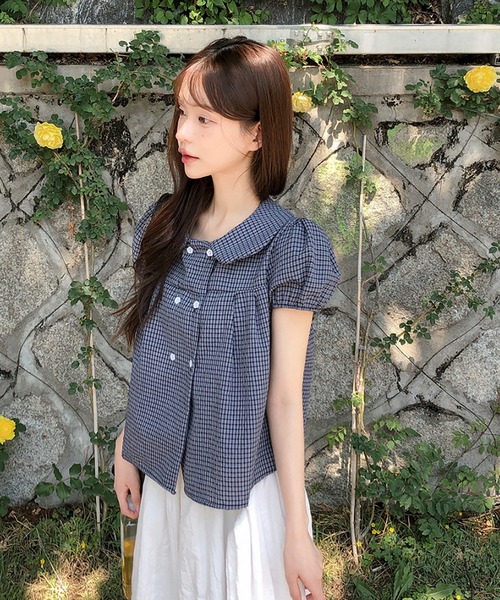Girly Doll(ガーリードール)の「ダブルボタンチェック柄パフスリブラウス(シャツ/ブラウス・レディース・ホワイト/ネイビー・FREE)」の11枚目の写真