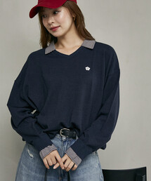 MARY QUANT × PUBLUX/マリークワント 別注 チェック シャツ レイヤード風 スキッパー ロングスリーブ ニット 限定展開
