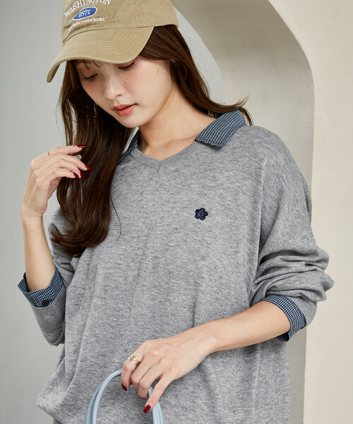 MARY QUANT(マリークワント)の「MARY QUANT × PUBLUX/マリークワント 別注 チェック シャツ レイヤード風 スキッパー ロングスリーブ ニット 限定展開(ニット/セーター・レディース・ブラウン/チャコールグレー/ネイビー/グレー・フリ-)」の2枚目の写真