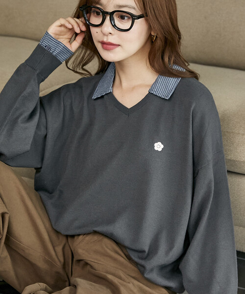 MARY QUANT(マリークワント)の「MARY QUANT × PUBLUX/マリークワント 別注 チェック シャツ レイヤード風 スキッパー ロングスリーブ ニット 限定展開(ニット/セーター・レディース・ブラウン/チャコールグレー/ネイビー/グレー・フリ-)」の1枚目の写真