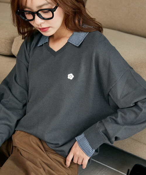 MARY QUANT(マリークワント)の「MARY QUANT × PUBLUX/マリークワント 別注 チェック シャツ レイヤード風 スキッパー ロングスリーブ ニット 限定展開(ニット/セーター・レディース・ブラウン/チャコールグレー/ネイビー/グレー・フリ-)」の11枚目の写真