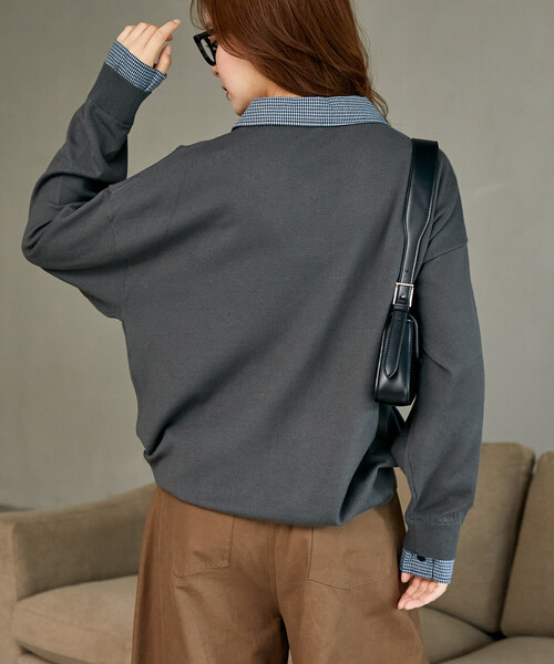 MARY QUANT(マリークワント)の「MARY QUANT × PUBLUX/マリークワント 別注 チェック シャツ レイヤード風 スキッパー ロングスリーブ ニット 限定展開(ニット/セーター・レディース・ブラウン/チャコールグレー/ネイビー/グレー・フリ-)」の12枚目の写真