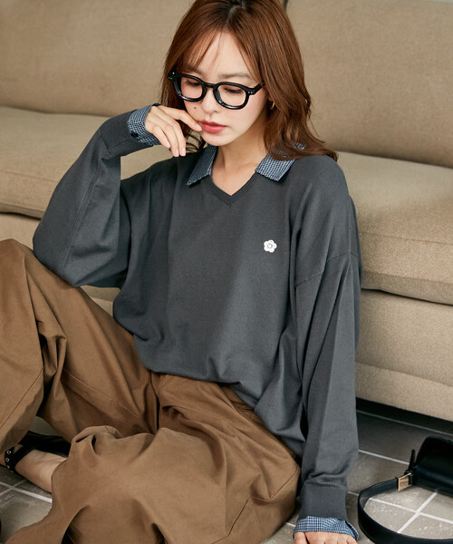MARY QUANT(マリークワント)の「MARY QUANT × PUBLUX/マリークワント 別注 チェック シャツ レイヤード風 スキッパー ロングスリーブ ニット 限定展開(ニット/セーター・レディース・ブラウン/チャコールグレー/ネイビー/グレー・フリ-)」の13枚目の写真