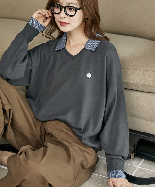 MARY QUANT(マリークワント)の「MARY QUANT × PUBLUX/マリークワント 別注 チェック シャツ レイヤード風 スキッパー ロングスリーブ ニット 限定展開(ニット/セーター・レディース・ブラウン/チャコールグレー/ネイビー/グレー・フリ-)」の18枚目の写真
