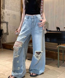 ウォッシュ加工 ヴィンテージ風 ヒゲ加工 ダメージ デニム ワイドパンツ