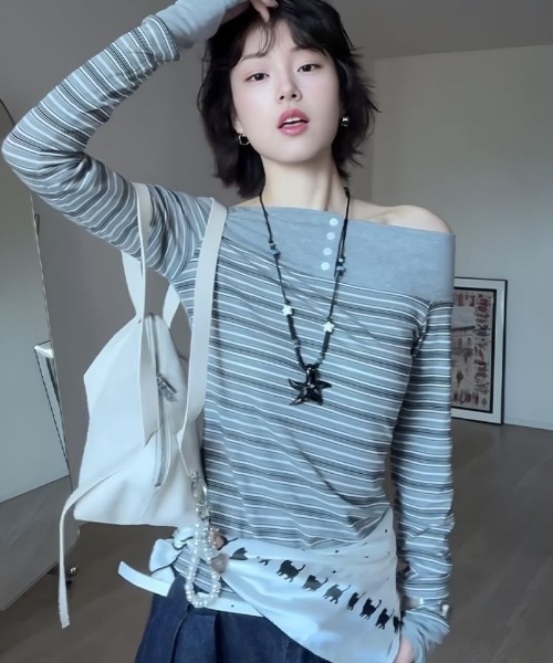 Ritzy(リッツィー)の「切り替えボーダー オフショルダー長袖トップス(Tシャツ/カットソー・レディース・ワイン/グレー/ベージュ・M/L)」の7枚目の写真