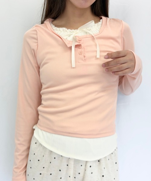 Alite cloth(アリーテクロス)の「フロントリボン レイヤード カットソー(Tシャツ/カットソー・レディース・ピンク/アイボリー/グレー/ブルー・FREE)」の1枚目の写真