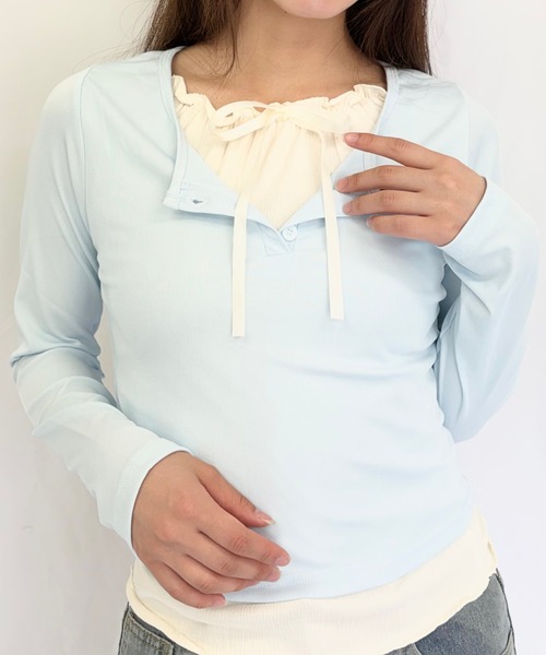 Alite cloth(アリーテクロス)の「フロントリボン レイヤード カットソー(Tシャツ/カットソー・レディース・ピンク/アイボリー/グレー/ブルー・FREE)」の4枚目の写真