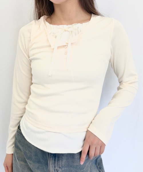 Alite cloth(アリーテクロス)の「フロントリボン レイヤード カットソー(Tシャツ/カットソー・レディース・ピンク/アイボリー/グレー/ブルー・FREE)」の2枚目の写真