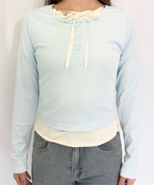 Alite cloth(アリーテクロス)の「フロントリボン レイヤード カットソー(Tシャツ/カットソー・レディース・ピンク/アイボリー/グレー/ブルー・FREE)」の5枚目の写真