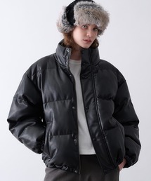 Faux Leather Stand Collar Puffer Jacket／合成皮革スタンドカラー中綿ブルゾン