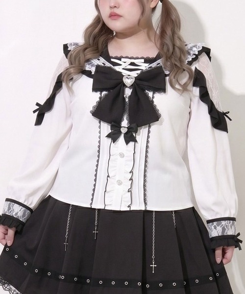 DearMyLoveWhip(ディアマイラブホイップ)の「ハートレースフリルビジューセーラーブラウス(シャツ/ブラウス・レディース・ピンク/ボルドー/ブラック×ホワイト・5L/4L)」の2枚目の写真