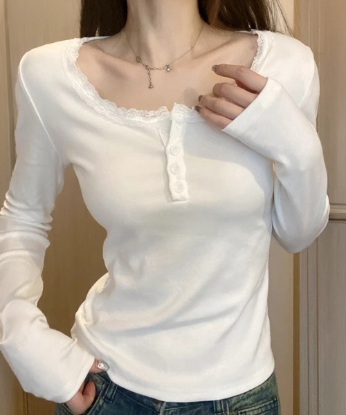 WEGO（ウィゴー）の「ヘンリーネックフリルベーシックロングTシャツ/カットソー（Tシャツ/カットソー・レディース・ブラック/ホワイト・LARGE/MEDIUM）」の4枚目の写真