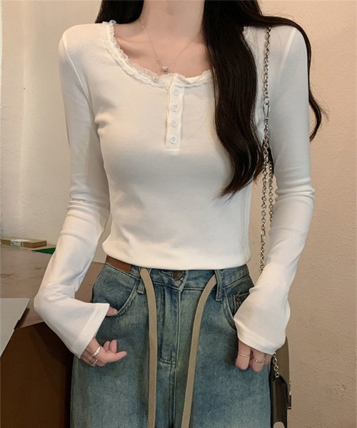 WEGO（ウィゴー）の「ヘンリーネックフリルベーシックロングTシャツ/カットソー（Tシャツ/カットソー・レディース・ブラック/ホワイト・LARGE/MEDIUM）」の5枚目の写真