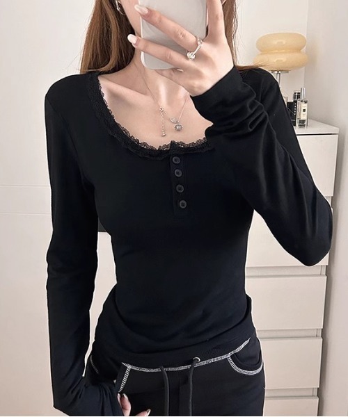 WEGO（ウィゴー）の「ヘンリーネックフリルベーシックロングTシャツ/カットソー（Tシャツ/カットソー・レディース・ブラック/ホワイト・LARGE/MEDIUM）」の8枚目の写真