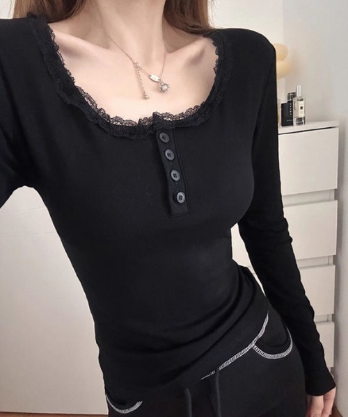 WEGO（ウィゴー）の「ヘンリーネックフリルベーシックロングTシャツ/カットソー（Tシャツ/カットソー・レディース・ブラック/ホワイト・LARGE/MEDIUM）」の7枚目の写真