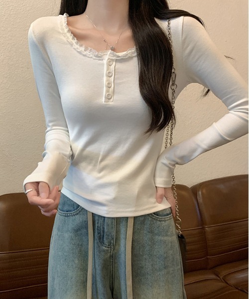 WEGO（ウィゴー）の「ヘンリーネックフリルベーシックロングTシャツ/カットソー（Tシャツ/カットソー・レディース・ブラック/ホワイト・LARGE/MEDIUM）」の17枚目の写真