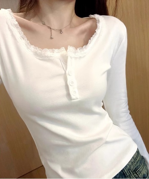 WEGO（ウィゴー）の「ヘンリーネックフリルベーシックロングTシャツ/カットソー（Tシャツ/カットソー・レディース・ブラック/ホワイト・LARGE/MEDIUM）」の18枚目の写真