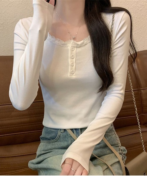 WEGO（ウィゴー）の「ヘンリーネックフリルベーシックロングTシャツ/カットソー（Tシャツ/カットソー・レディース・ブラック/ホワイト・LARGE/MEDIUM）」の19枚目の写真