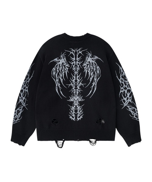 SUPPLIER(サプライヤー)の「ニット|Distressed Tribal Bones Crew Knit|SUPPLIER(ニット/セーター・メンズ・ブラック/グレー・SMALL/MEDIUM/LARGE/X-LARGE)」の1枚目の写真