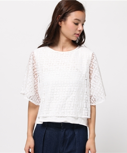 MOUSSY（マウジー）の「LACE FLARE LAYERED TOPS（Tシャツ/カットソー・レディース・ネイビー/ホワイト/ブルー・FREE）」の4枚目の写真