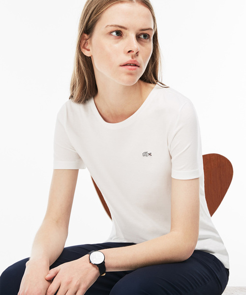 LACOSTE(ラコステ)の「コットンジャージークルーネックTシャツ(半袖)(Tシャツ/カットソー)」|ホワイト