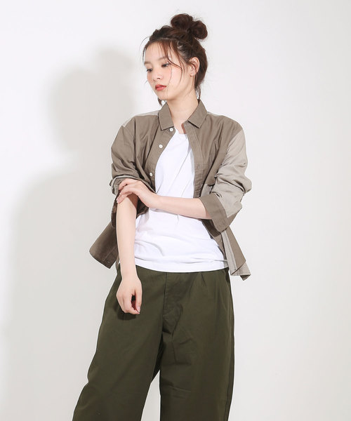 CUBE SUGAR(キューブシュガー)の「異素材組合せレギュラーシャツ(シャツ/ブラウス・レディース・グレー/カーキ/ピンク/ネイビー・M)」の1枚目の写真