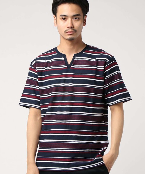 MEN'S BIGI(メンズビギ)の「キーネック ロープボーダー柄カットソー(Tシャツ/カットソー・メンズ・ホワイト/ネイビー・S/M/L)」の2枚目の写真