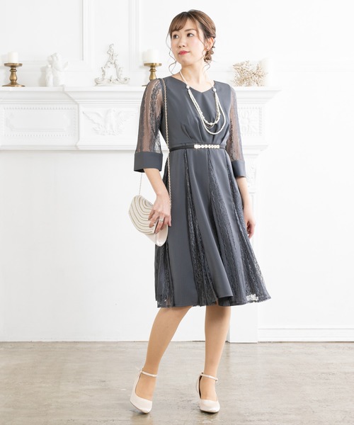 Prose Verse袖付きレース切替えひざ丈ワンピースドレス 結婚式ワンピース お呼ばれ 二次会 謝恩会 成人式パーティードレス