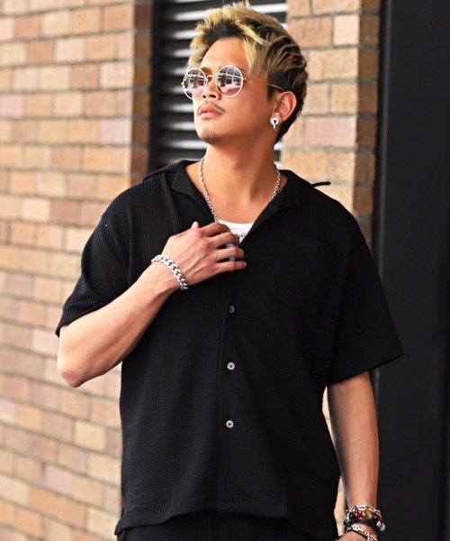 LUXSTYLE（ラグスタイル）の「シアサッカーオープンシャツ（シャツ/ブラウス・メンズ・ホワイト/ブラック/ネイビー/ホワイト×グレー/ストライプ・S/M/XL/L）」の4枚目の写真