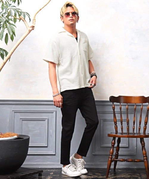 LUXSTYLE（ラグスタイル）の「シアサッカーオープンシャツ（シャツ/ブラウス・メンズ・ホワイト/ブラック/ネイビー/ホワイト×グレー/ストライプ・S/M/XL/L）」の9枚目の写真