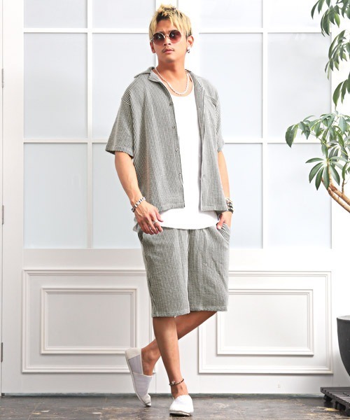 LUXSTYLE（ラグスタイル）の「シアサッカーオープンシャツ（シャツ/ブラウス・メンズ・ホワイト/ブラック/ネイビー/ホワイト×グレー/ストライプ・S/M/XL/L）」の10枚目の写真