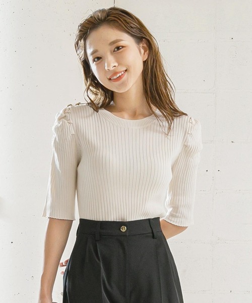 KOBE LETTUCE（コウベレタス）の「5分袖パワーショルダーリブニット（ニット/セーター・レディース・カーキ/ブラック/ブルー系その他/ホワイト系その他・FREE）」の2枚目の写真