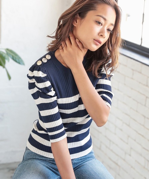 KOBE LETTUCE（コウベレタス）の「5分袖パワーショルダーリブニット（ニット/セーター・レディース・カーキ/ブラック/ブルー系その他/ホワイト系その他・FREE）」の11枚目の写真