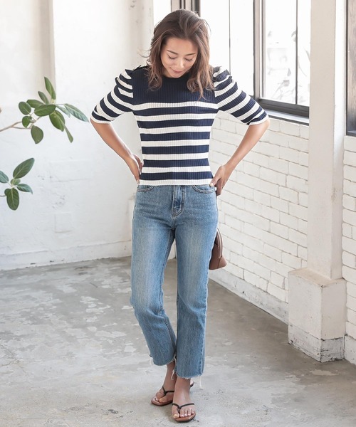 KOBE LETTUCE（コウベレタス）の「5分袖パワーショルダーリブニット（ニット/セーター・レディース・カーキ/ブラック/ブルー系その他/ホワイト系その他・FREE）」の13枚目の写真