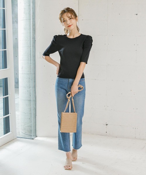 KOBE LETTUCE（コウベレタス）の「5分袖パワーショルダーリブニット（ニット/セーター・レディース・カーキ/ブラック/ブルー系その他/ホワイト系その他・FREE）」の14枚目の写真