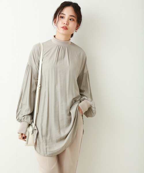 n'ee-ne（ネーネ）の「ポプリン　リブ付きボリュームスリープトップス（シャツ/ブラウス・レディース・オリーブ/ホワイト/ライトベージュ/ライトグレー・FREE）」の3枚目の写真